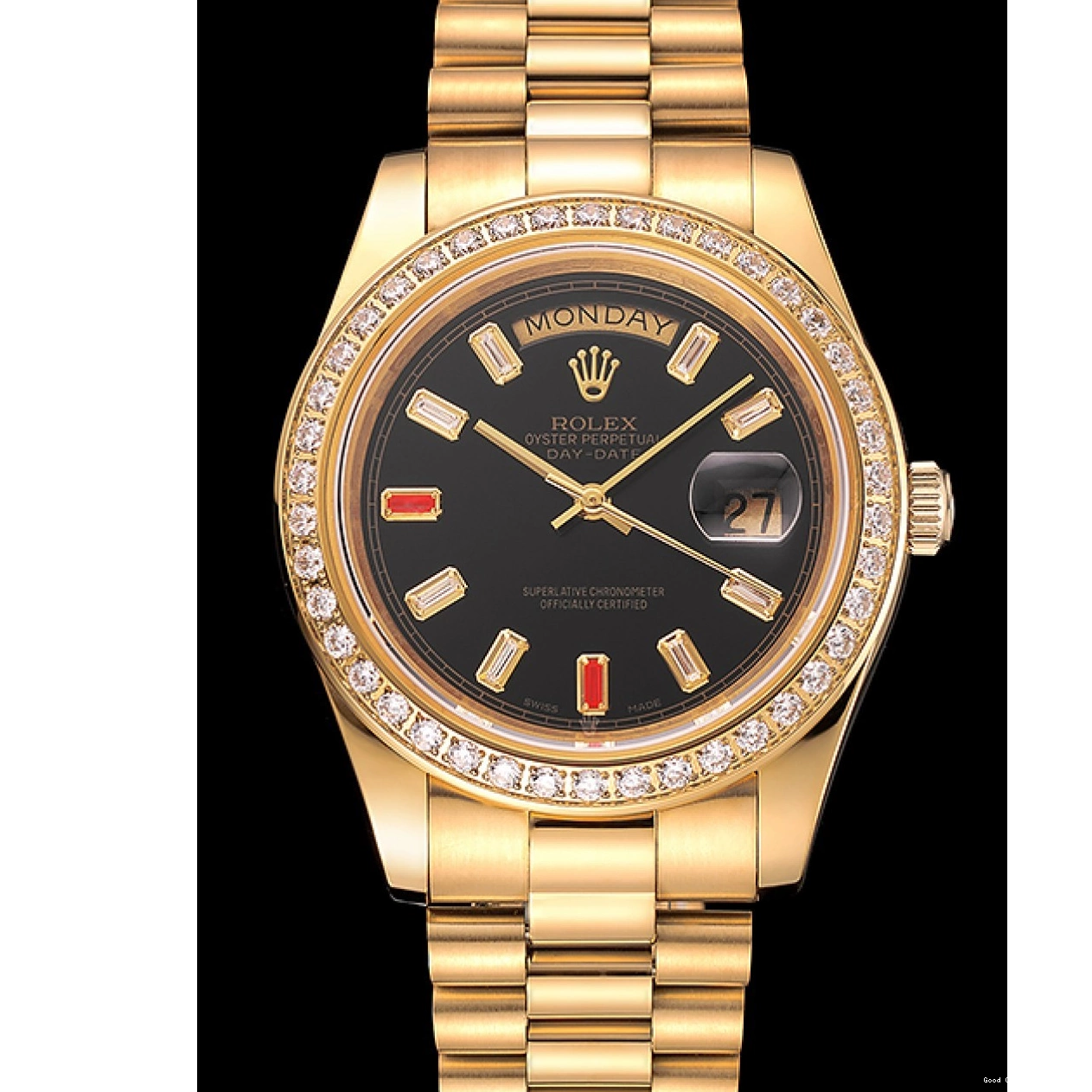 Best AAA Replica Sites Day-Date Bracelet Gold Diamonds 1454101 And Black Swiss Rolex Rubies Dial 0626